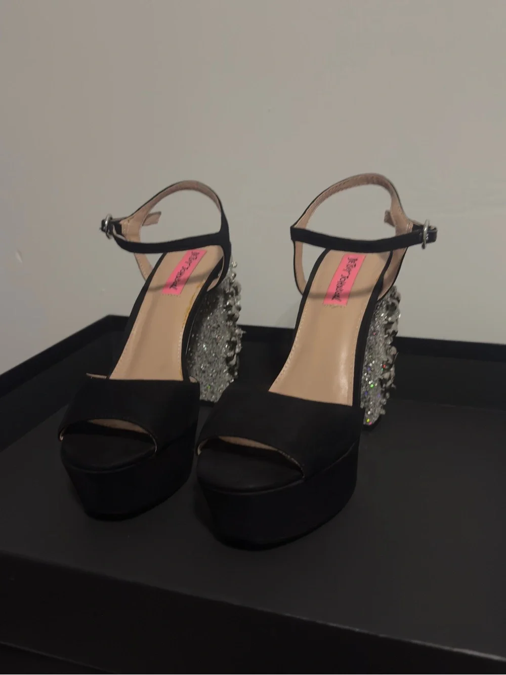 Betsey Johnson “Ferra” Black Seude Platform Sandals with Jeweled Block Heel